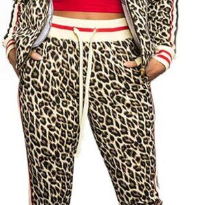 Versatile Women's Leopard Brown Sweatpants and Sweatshirt Set - XX-Large Size